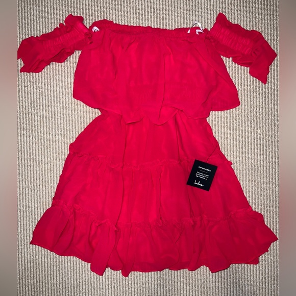 NWT Lulus Tiers to My Heart Hot Pink Off-the-Shoulder Ruffled Mini Dress - Picture 6 of 6